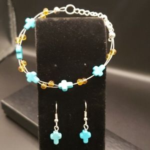 Turquoise Magnesite Cross Bracelet/Earring Set
